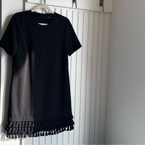 Zara Black Minimalist Elegant Short Sleeve Dress w/ Tassel Trim Sz M Scandi Goth